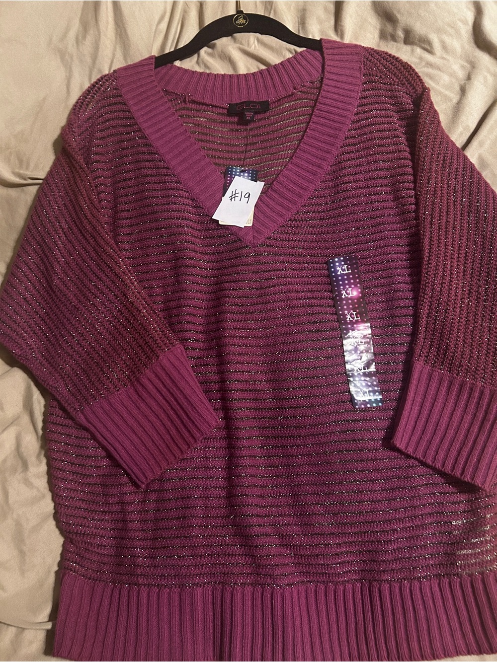Sparkle Ribbed V-Neck Sweater - Plum